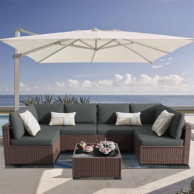 KIGOTY Patio Furniture Set,7 Pieces Modular Outdoor Sectional Sofa, PE Rattan Patio Conversation Set, All Weather Wicker Patio Furniture with Cushions and Coffee Table（Brown/Dark Grey）
