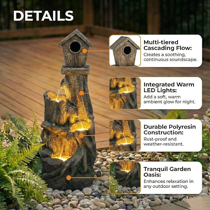 Outdoor Water Fountain with LED Lights – Charming Garden Patio Water Feature, Rustic Design, Weather-Resistant Fiberglass, Perfect for Backyards Outdoor Garden and Entryways