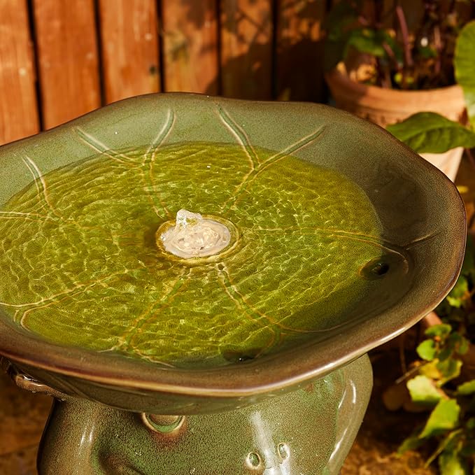 Glitzhome 21.5" H Olive Green Frog Hold a Lotus Birdbath Ceramic Outdoor Water Fountain with LED Lights and Pump, Lively Frog Statue Birdbath Fountain for Porch Deck Garden Patio Backyard