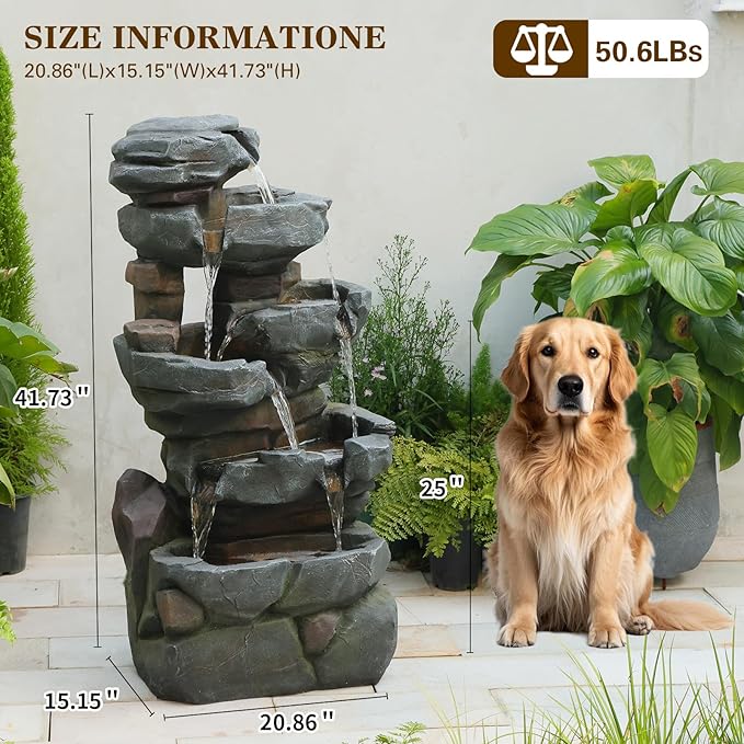 42" H Outdoor Water Fountain with 5 Tiers Large Cascading Realistic Tree Trunk Waterfall Fountains with LED Lights Outdoor Water Fountain for Garden Patio Backyard Porch Home Decor