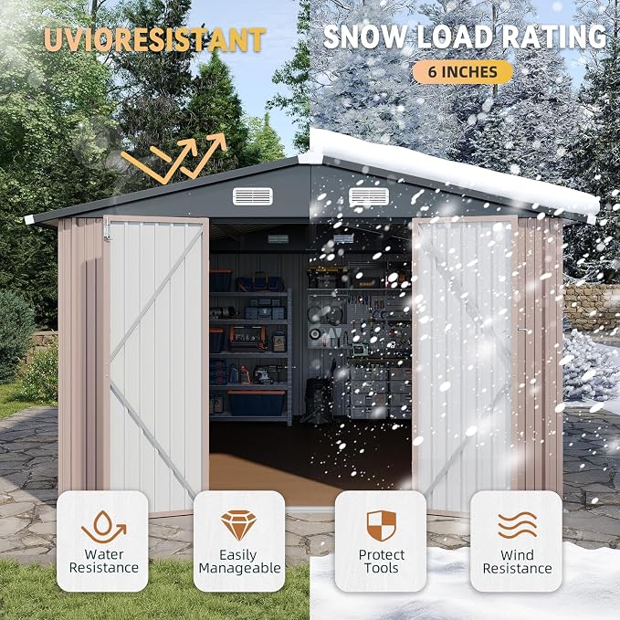 Aoxun 10x12 Shed with Brown Floor Galvanized Steel Outdoor Storage Shed Metal Garden Shed with Moisture-Proof Floor & Ventilation, Sloped Roof for Bike/Generator/Tool Storage (Brown with Floor) - Image 6