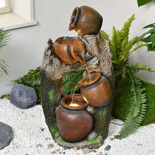 30" Outdoor Garden Water Fountain with Lights 4 Tiers Cascading Large Waterfall Floor Standing Fountain for Patio, Backyard, Deck, Porch and Home Art Decor