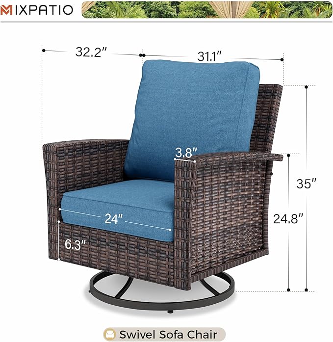 Swivel Patio Wicker Chairs Set of 2, High Back Outdoor Swivel Patio Rattan Chairs with 5.5" Thick Cushions for Bistro Balcony Porch Deck and Yard, Navy Blue