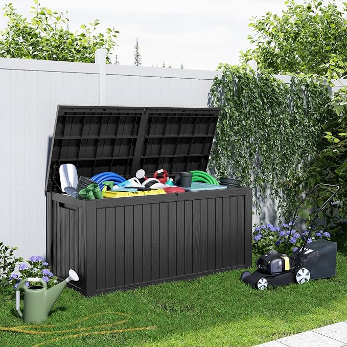 PatioZen 180 Gallon Resin Deck Box, Lockable Patio Outdoor Storage Box for Furniture, Garden Tools and Tools Storage, Waterproof Outside Storage Boxes - Black - Image 4