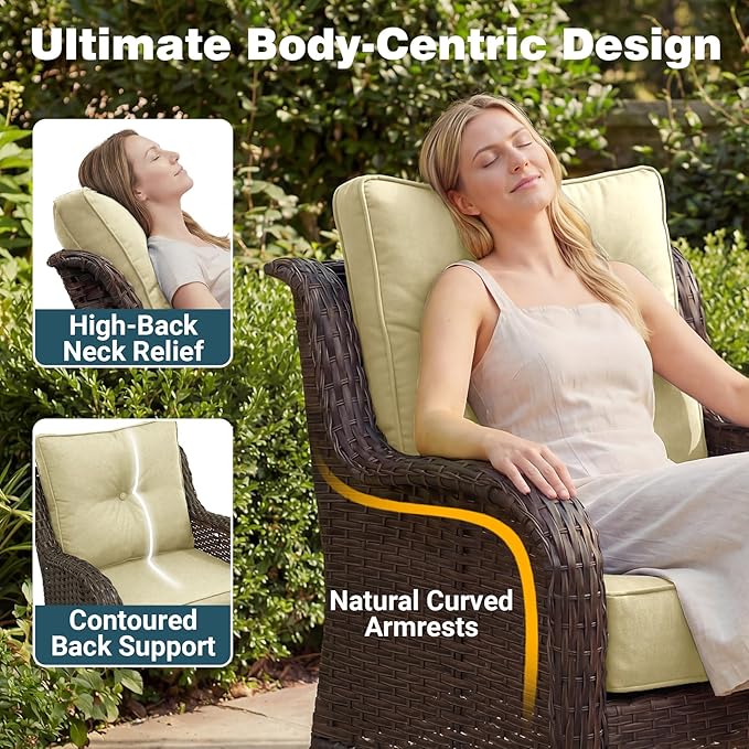 Patio Furniture Set, 5PCS Outdoor Wicker Conversation Set with 6" Thick Cushions, High Back Swivel Rocker Chairs, Weather Resistant Olefin Fabric for Garden, Poolside, Beige