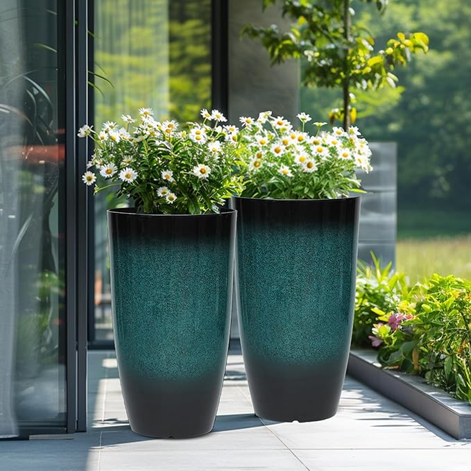 23.8" Tall Outdoor Planters Set of 2, Ceramic-Look Large Flower Pots for Indoor Outdoor Plants, All Seasons for Porch, Balcony, Garden, Patio or Home Art Decor, Gradient Turquoise Finish