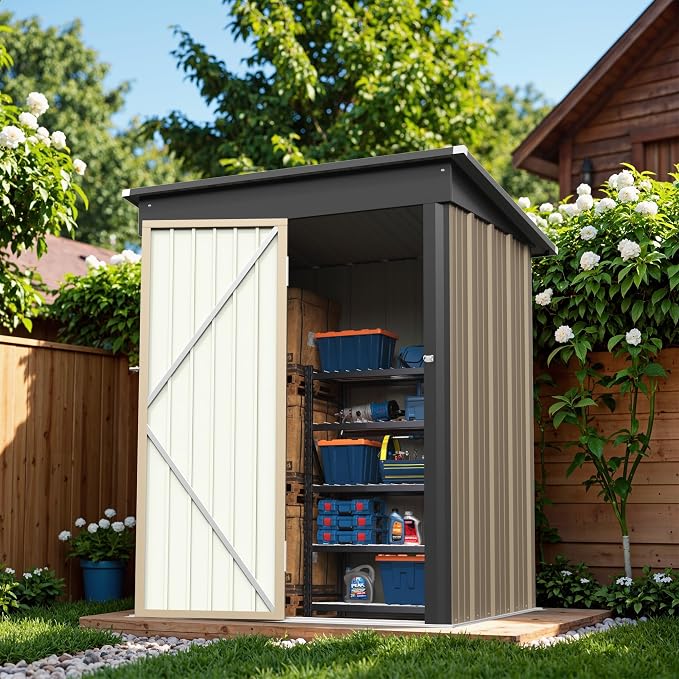 Greesum Outdoor Storage Shed 5 x 3 ft. Utility Tool Shed Metal Storage Garden Shed with Door & Lock for Patio Storage, Brown - Image 2