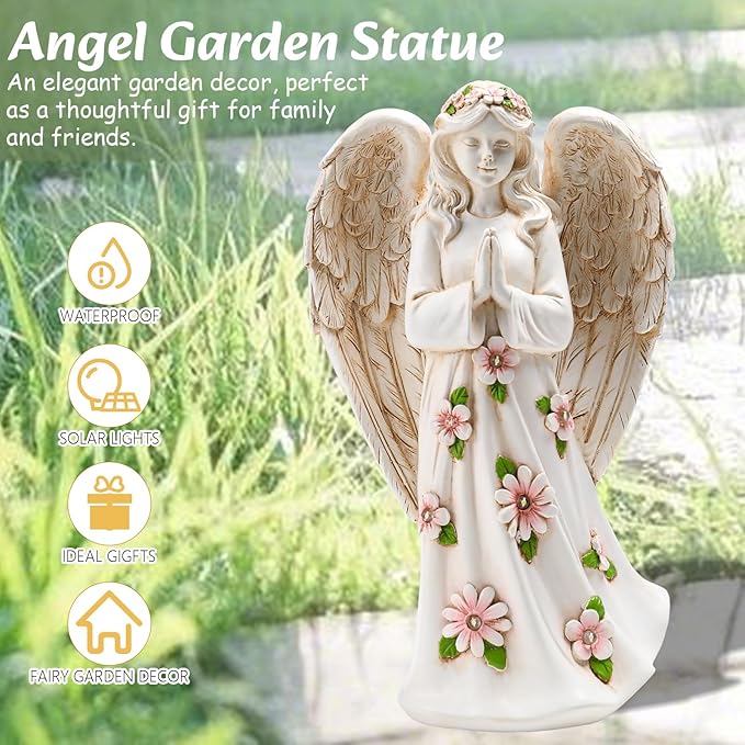 Angel Statue for Garden - 9.65 inches Guardian Solar Garden Statue, Gardening Gifts for Mom Grandma Lawn Ornaments Figurines for Outdoor Decor