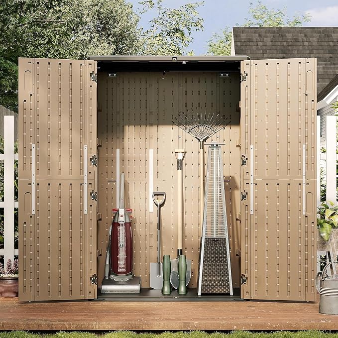Aoxun Outdoor Storage Shed, 64 Cu.Ft Vertical Storage Sheds Outdoor with Floor, Outdoor Waterproof Storage Cabinet for Garage Storage, Pool Storage (Brown) - Image 6