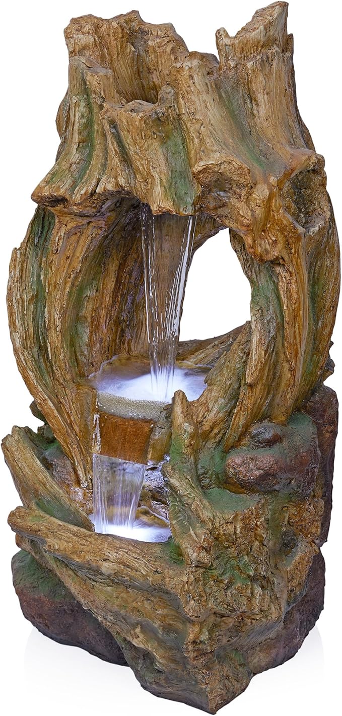 Alpine Corporation 40" Tall Open Tree Trunk Floor Fountain with Cool White LED Lights, Tiered Garden Decor, Brown