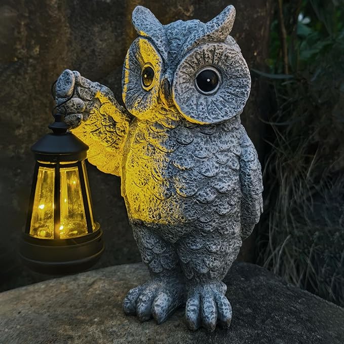 GUANFU Garden Statues, owl Outdoor Figurines Decorated with Solar Lights, Unique Christmas Birthday Gifts for Moms, Grandmas, Women, Wives, Sisters (Grey Owl1)