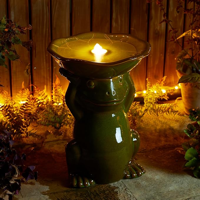 Glitzhome 21.5" H Olive Green Frog Hold a Lotus Birdbath Ceramic Outdoor Water Fountain with LED Lights and Pump, Lively Frog Statue Birdbath Fountain for Porch Deck Garden Patio Backyard