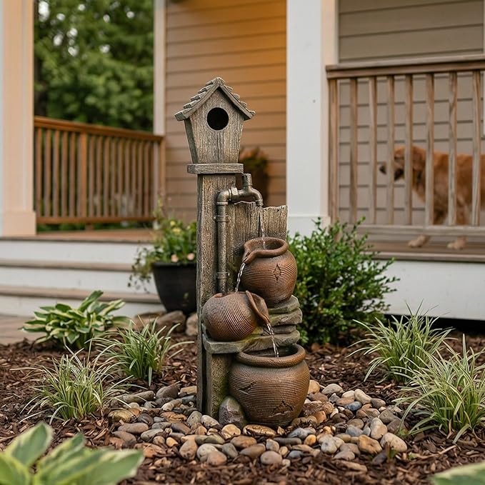 Water Fountain Birdhouse Outdoor Fountain, 37" Tall Garden Fountain Tiered Waterfall Fountain with Cascading Pots, Farmhouse Water Feature for Patio Backyard Yard Lawn Garden Decor