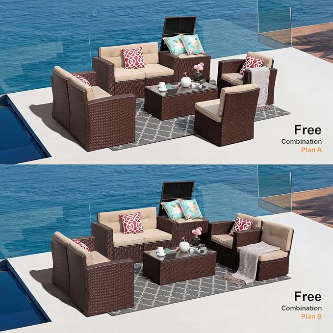 Super Patio 8 Pieces Outdoor Patio Furniture Set, Wicker Patio Conversation Sets with Storage Box, Rattan Outdoor Sectional Sofa Set with Cushions and Coffee Table for Outside Porch, Deck, Brown