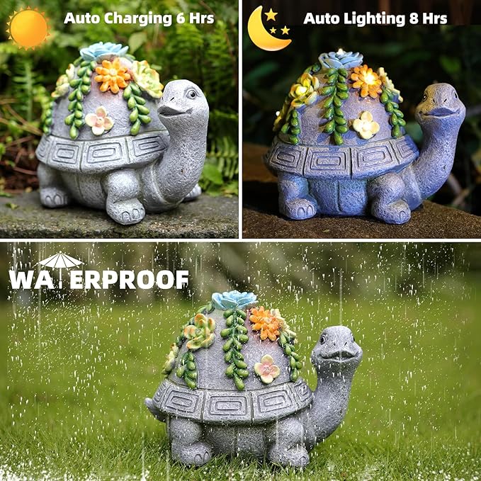 Solar Garden Turtle Decor Outdoor Statue - Turtle with LED Waterproof Sculptures Lights, Cute Pond/Yard Statues Outside Decoration, Home, Lawn, Patio, Resin Animal Ornament, Gardening Gift