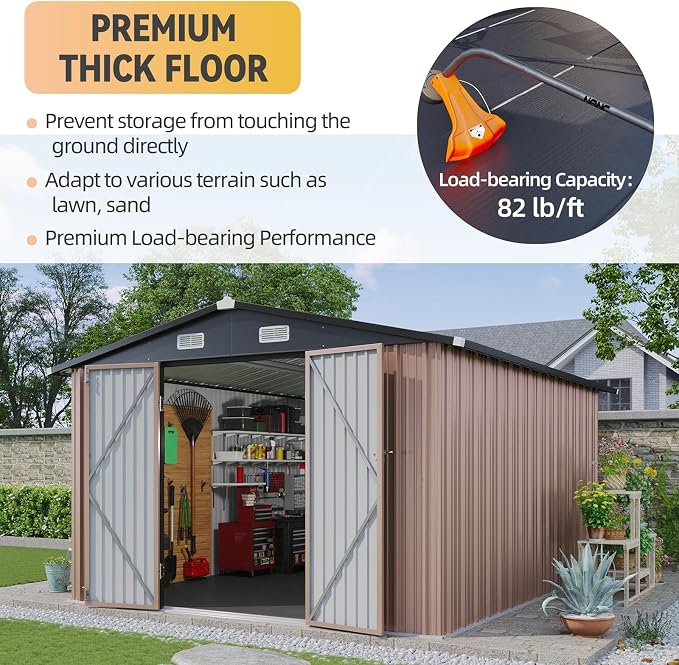 Aoxun 10x12 Shed with Brown Floor Galvanized Steel Outdoor Storage Shed Metal Garden Shed with Moisture-Proof Floor & Ventilation, Sloped Roof for Bike/Generator/Tool Storage (Brown with Floor) - Image 3