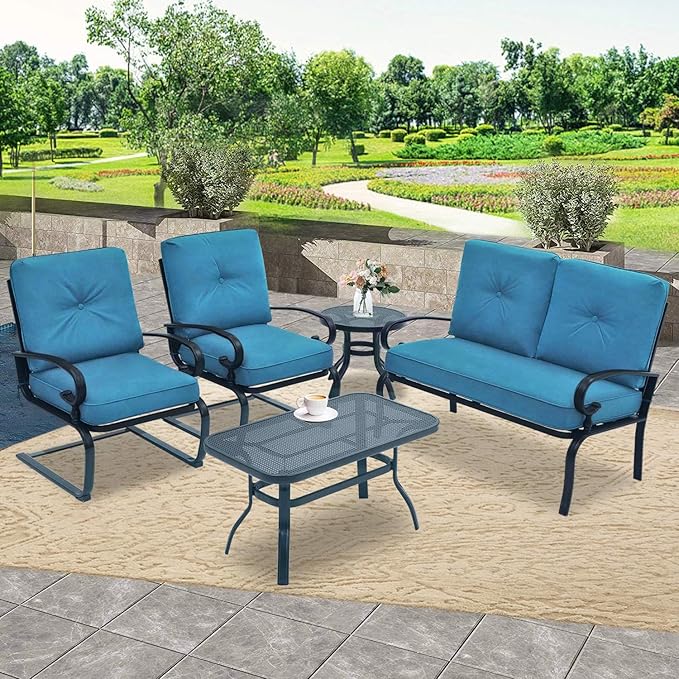 SOLAURA 5-Piece Patio Furniture Conversation Sets with Wrought Iron Loveseat and Spring Chairs（Peacock Blue）