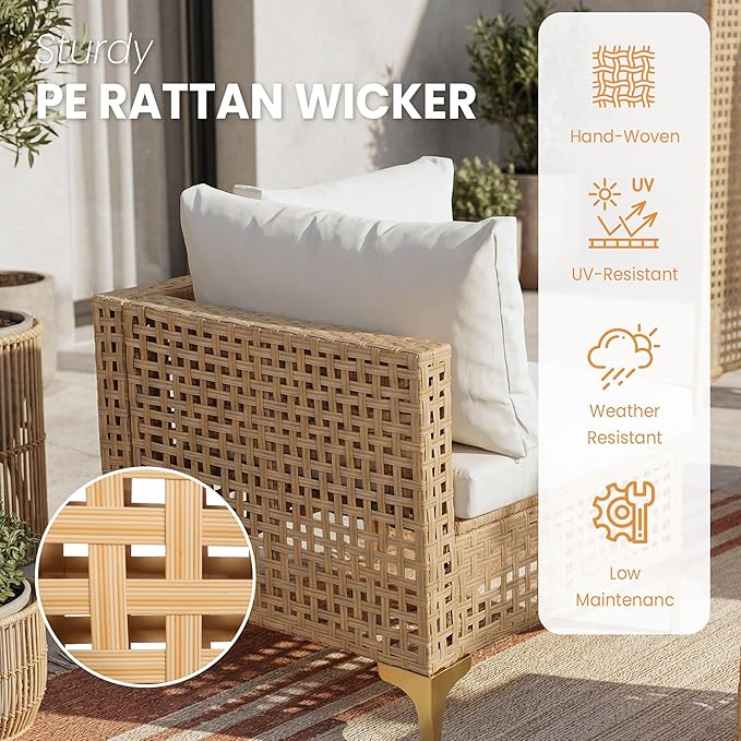 FHFO Oversized Patio Furniture Set, 7-Piece Wicker Patio Sectional Sofa Couch, Rattan Outdoor Conversation Set with Thick Cushion & Tempered Glass Coffee Table for Porch, Backyard, Yellow/Beige