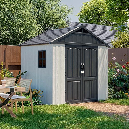 Patiowell 8x6 FT Outdoor Storage Shed, Plastic Shed Resin Garden Shed with Floor & Window & Lockable Door for Patio Furniture, Backyard Tools, Bicycles & Lawnmower, Beige by Patiowell