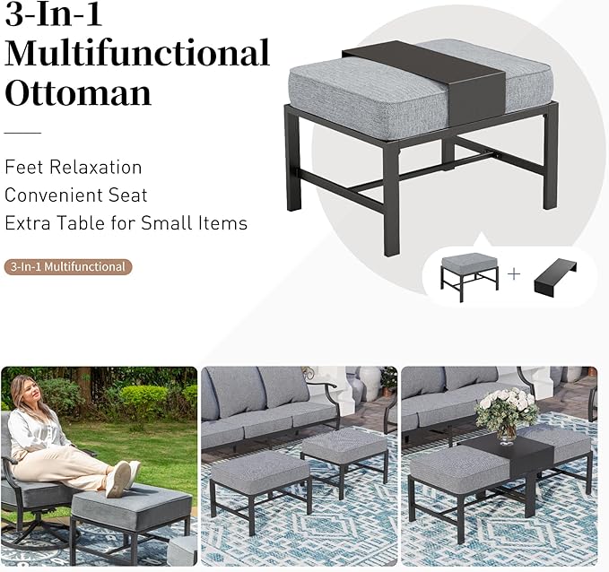 6 Piece Metal Outdoor Patio Furniture Set, Patio Conversation Sets 1 3-seater Sofa, 2 Swivel Chair, 2 Ottomans with 5.75" Thick Cushion and Coffee Table, Black Backyard Furniture, Gray