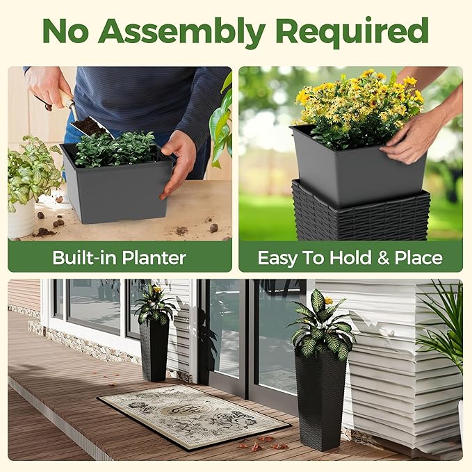 2 Pack Large Planters for Indoor Plants, Outdoor 24 inch Tall Planter with Removable Liners, Plant Pots for Trees Flowers, All-Weather Use with Drainage Holes for Porch, Patio, Backyard, Black