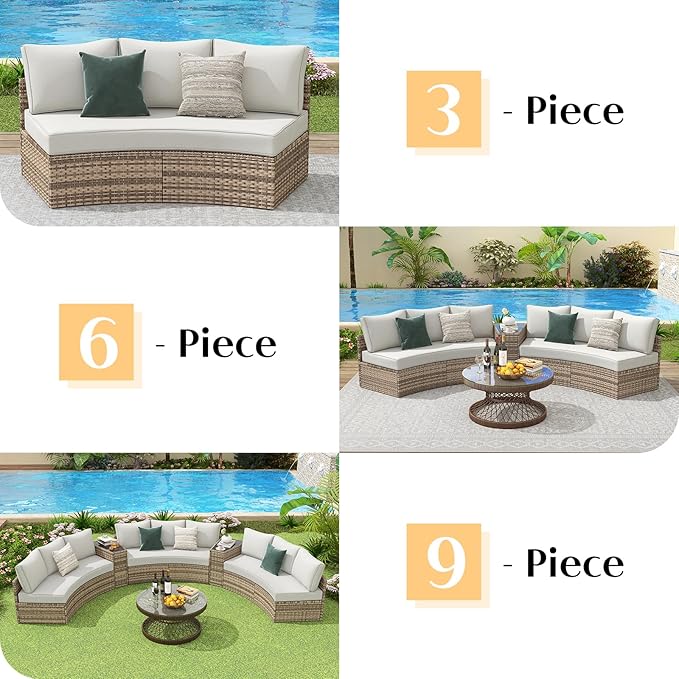 PaPaJet 3-Piece Patio Furniture Set, Half-Moon Wicker Sectional Sofa with Cushions, Waterproof Rattan Outdoor Conversation Set for Beach, Pool, Garden & Balcony, Beige