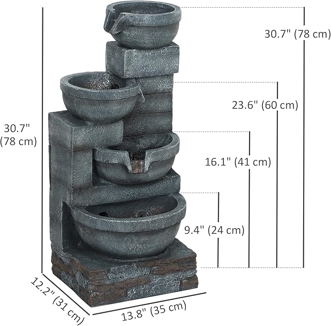 Outsunny 30" Tall Outdoor Waterfall Fountain with LED Lights, 4-Tier Resin Cascading Water Bowls with Pump, Gray