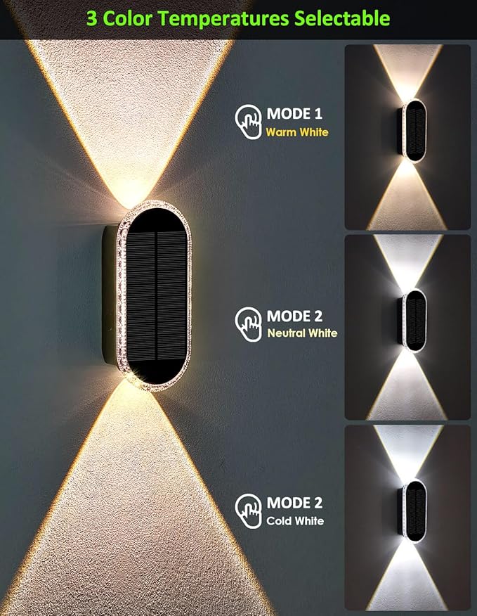 Solar Fence Lights Outdoor, 3000K/4000K/6000K 3 Modes Solar Wall Lights Outdoor Waterproof, Up&Down Dual-Head Outdoor Solar Lights for Yard House Fence Backyard Deck Garden Patio Porch, 10 PK