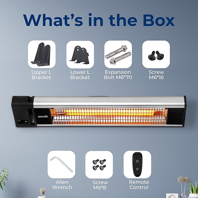 SereneLife Infrared Patio Heater, 1500W, IP65 Approved, Odorless, Wall-Mounted Heater with Remote, Indoor/Outdoor for Patio, Restaurant, Backyard, Garage, Decks