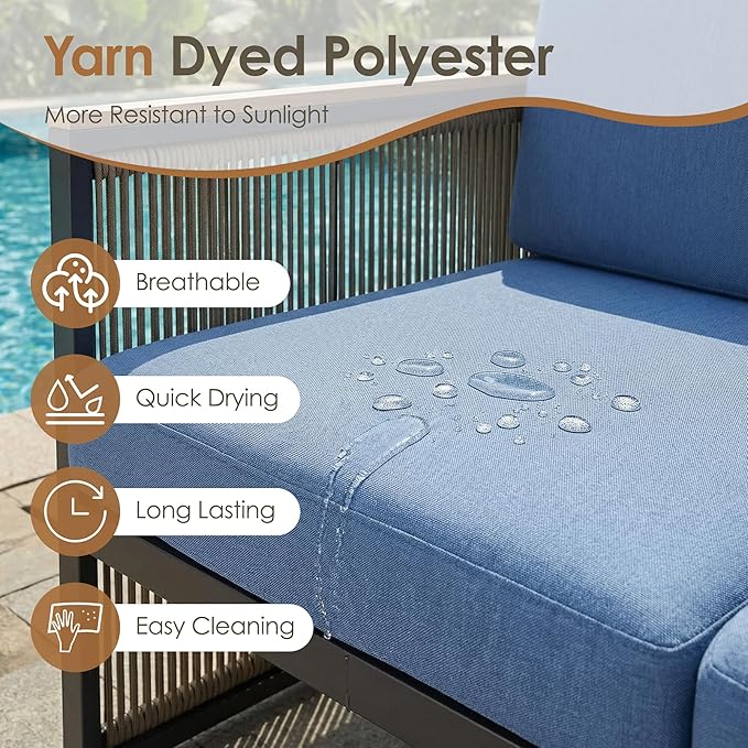 5 Piece Patio Conversation Set for 7, Modular Patio Sofa Couch with Cushions, Rattan Outdoor Patio Furniture Set with Loveseat/Coffee Table, Outdoor Sectional Furniture for Deck/Porch, Blue