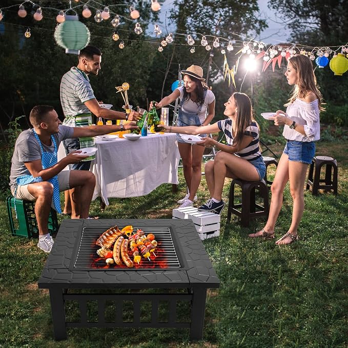 Bonnlo 32” Metal Porch Fire Pit Outdoor Square Poatable Wood Burning Table- Includes Mesh Spark Screen Top, Waterproof Cover and Poker for Camping Patio Backyard Bonfire Fireplace - Image 4