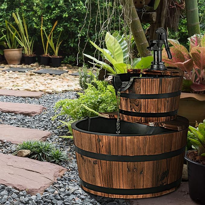 Tangkula 2-Tier Water Fountain Outdoor, Rustic Wood Cascading Waterfall Fountain with Electric Pump, Outside Water Feature with Decorative Hand for Garden Patio Backyard (Fir Wood)