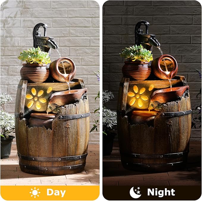 29" H Outdoor Water Fountain Pump and Barrel,4 Tiered Rustic Wood Barrel Cascading Waterfall Fountains Outside Feature with LED Lights for Garden, Patio, Porch, Backyard Decor