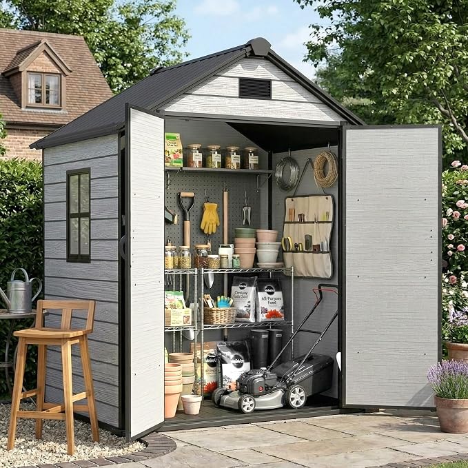 EHHLY Outdoor Storage Shed 6x4.4 FT, Resin Shed with Floor, Window & Vents, Waterproof Plastic Shed with Lockable Door for Backyard, Patio, Lawn, Gray by EHHLY
