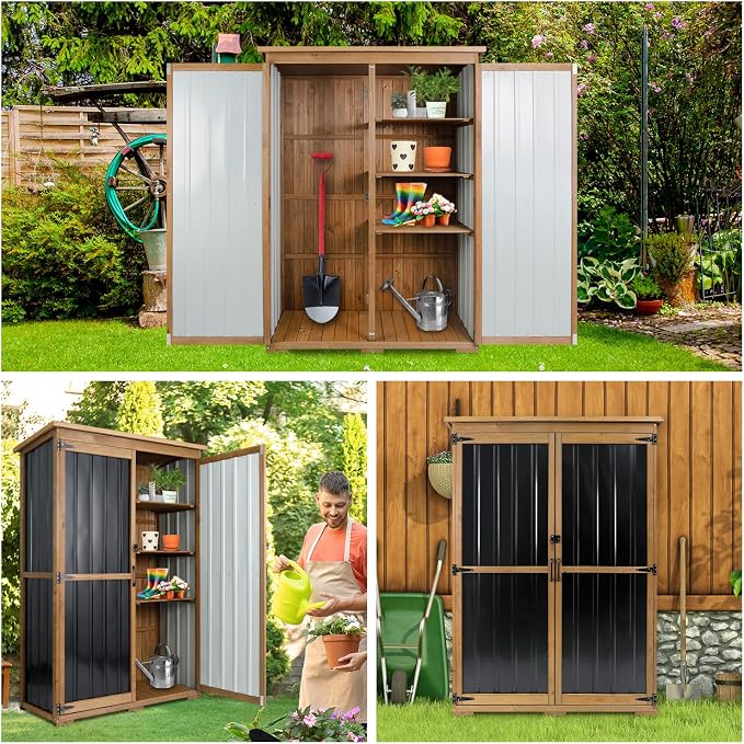 Outdoor Storage Cabinet Waterproof with Shelves, Outdoor Storage Shed Garage Cabinet Weatherproof, Wood & Metal Outside Patio Backyard Garden Pool Storage Tool Organizer - Image 2