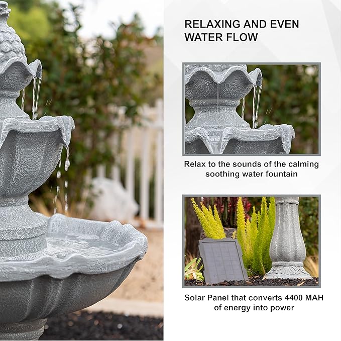 XBrand 36.2" Solar Powered 2-Tier Outdoor Water Fountain, Resin Fountain with Solar Panel Pump, Gray