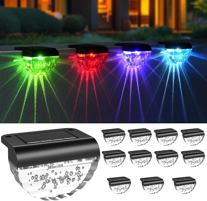 12 Pack Solar Deck Lights Outdoor, Solar Step Lights Waterproof for Outside, Yard, Patio, Garden, Pool, Railing, Stairs, Fence (Color Changing)
