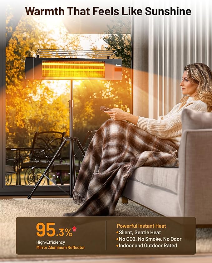 DR. INFRARED HEATER Carbon Infrared Patio Heater with Tripod, Remote Control, Optional On/Off Tip-Over Protection, Freestanding or Wall-Mounted, Black