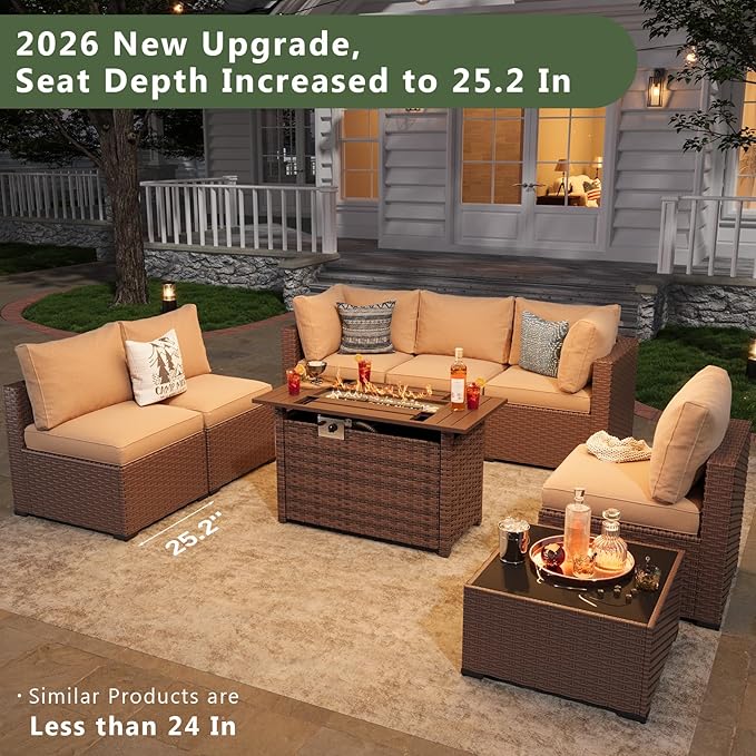 Aoxun 8 Piece Patio Furniture Set with 44” Fire Pit Table, Wicker Rattan Patio Sectional Sofa, Outdoor Furniture Set with Thickened Cushion, Light Gray