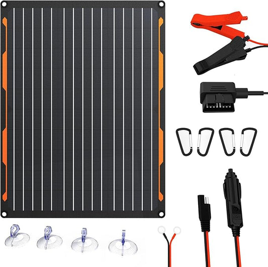 FlexSolar 20W 12V Solar Panel Battery Charger Maintainer Kits Trickle Charger with Built-in Charge Controller, Cigarette Lighter, Alligator Clips, O-Rings OBDII Connector for Car, Truck,Tractor, Boat by FlexSolar
