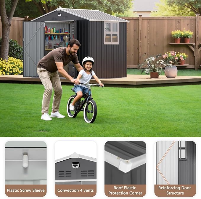 8x6 FT Outdoor Storage Shed, Metal Garden Shed - Tool Storage Sheds with Lockable Doors & 1 Clear Window, Waterproof Outside Storage Building for Backyard, Patio (Black; Floor Not Included) - Image 6