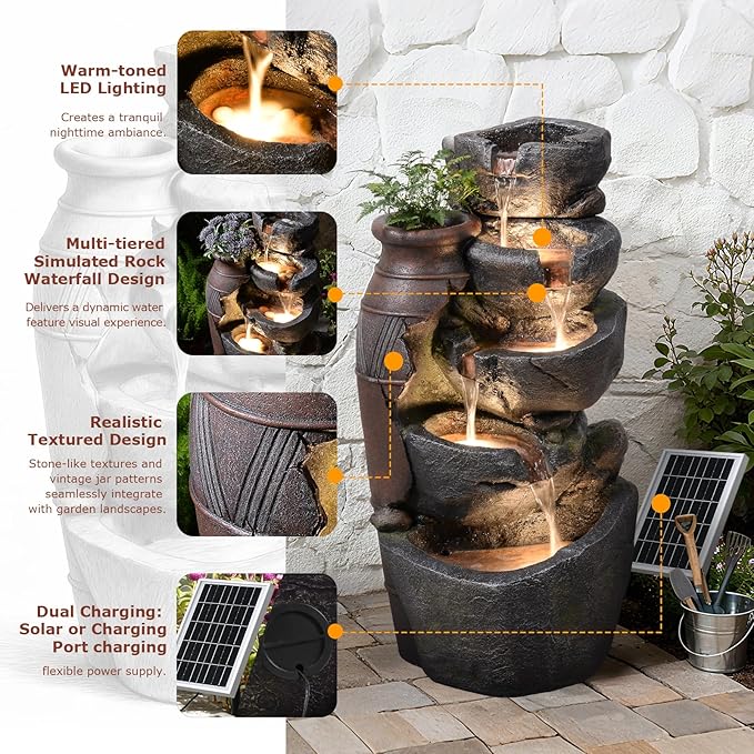 5 Tier Rock Solar Water Fountain Outdoor with Vintage Jar, Cascading Waterfall Fountain with LED Lights, Outdoor Fountains for Garden or Patio, Yard, Deck Decor, 16.5" L x 12.6" W x 31.7" H