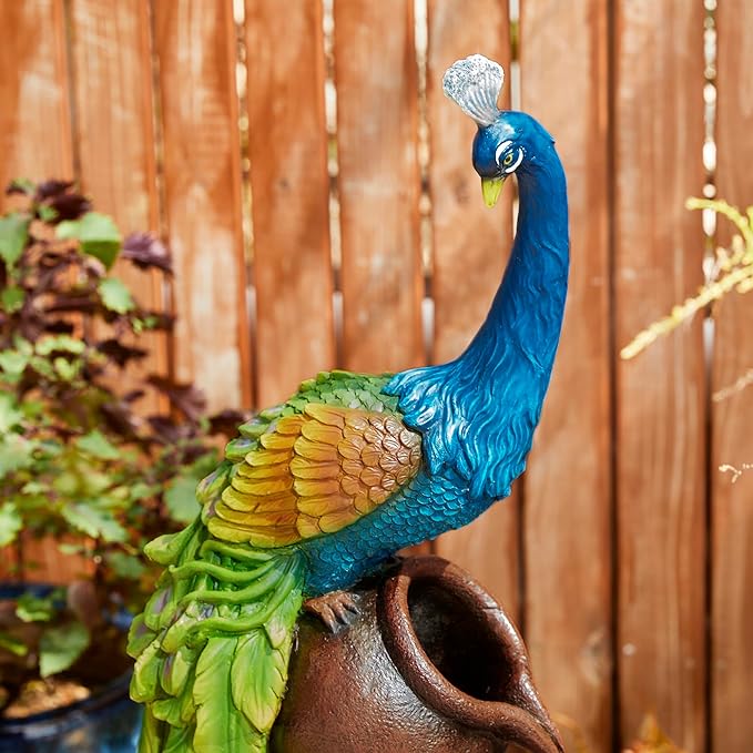 Glitzhome 4-Tier Peacock and Jars Outdoor Water Fountain with LED Light, 40”H Oversized Resin Peacock Sculpture Waterfall Fountain with Submersible Pump for Garden Patio Porch