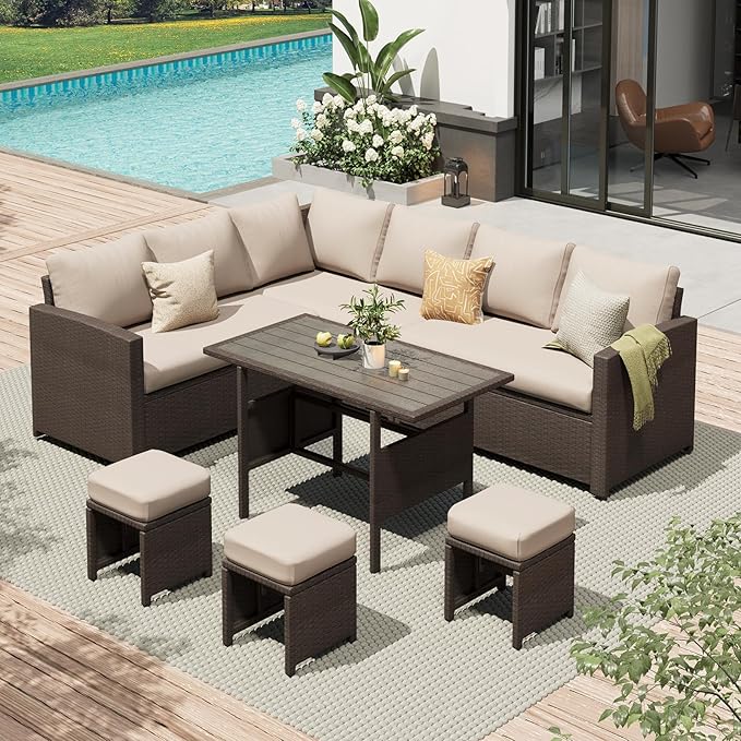 AECOJOY Outdoor Patio Furniture Set with Waterproof Cover, 7 Pieces Clearance Sectional Rattan Dining Table&Chairs, All Weather Wicker Conversation Sofa Couch, Khaki Cushions&Brown Rattan