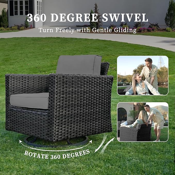 UDPATIO Patio Furniture Set with Fire Pit Table and Swivel Rocking Chairs, 6 Pieces Outdoor Wicker Furniture Set with Waterproof Cover, 4'' Thickened Cushion, Grey