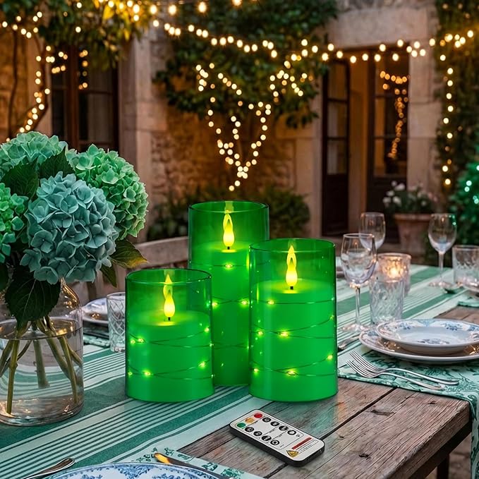 Homemory St. Patrick's Day Flameless Candles with Embedded Star String Fairy Lights, Green Battery Operated Candles, LED Candle, Fake Candles with Remote Control and Timer, Set of 3(H 4" 5" 6?€?)