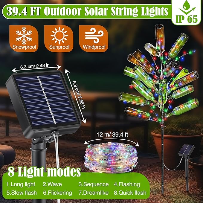 Meonum Solar Light Bottle Tree, 61" Metal Garden Sculpture for Yard & Patio Decor, Colorful Outdoor Wine Holder for Garden & Lawn Decoration, Holds 24 Glass Containers(Black)