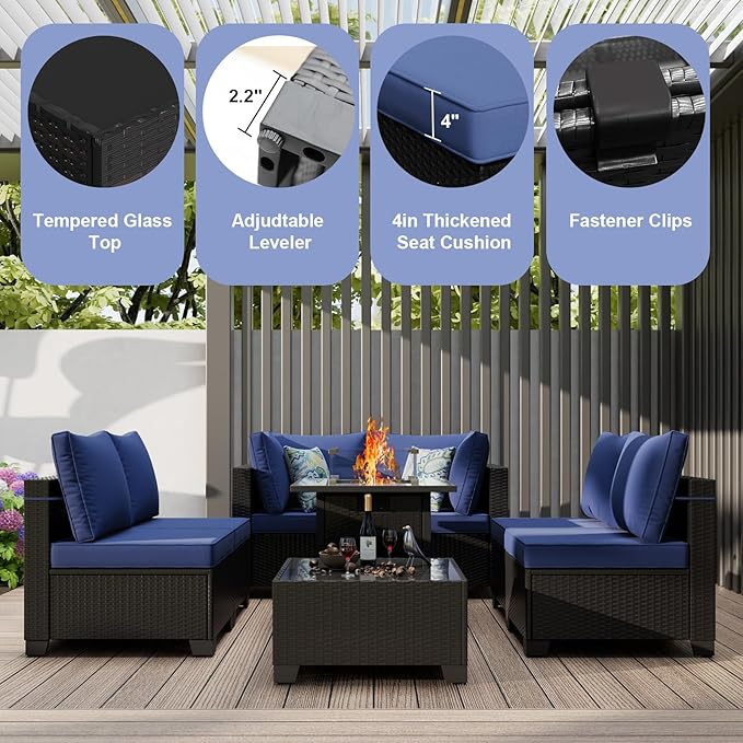 8 Piece Outdoor Patio Conversation Furniture Set Sectional Wicker Furniture Set with 28In Fire Pit Table, 50000 BTU Propane Firepit, Best for Garden Lawn Pool or Backyard, Coffee and Blue