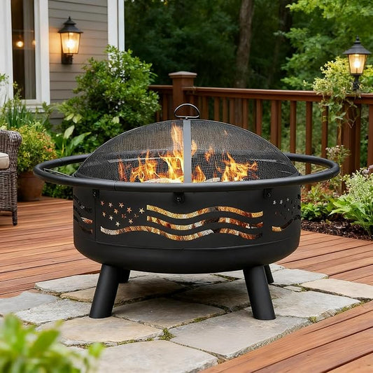 Breezz 32 Inch American Flag Fire Pit with Mesh Cover & Poker, Round Metal Wood Burning Outdoor Firepit for Patio, Garden, Backyard, Bonfire, Ideal for 4th of July, Memorial Day, Christmas by BreezZ
