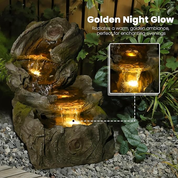 31.5" L Outdoor Water Fountain with 3 Tiers Cascading Realistic Tree Trunk Waterfall Fountains with LED Lights Outdoor Water Fountain for Garden Patio Backyard Porch Home Decor